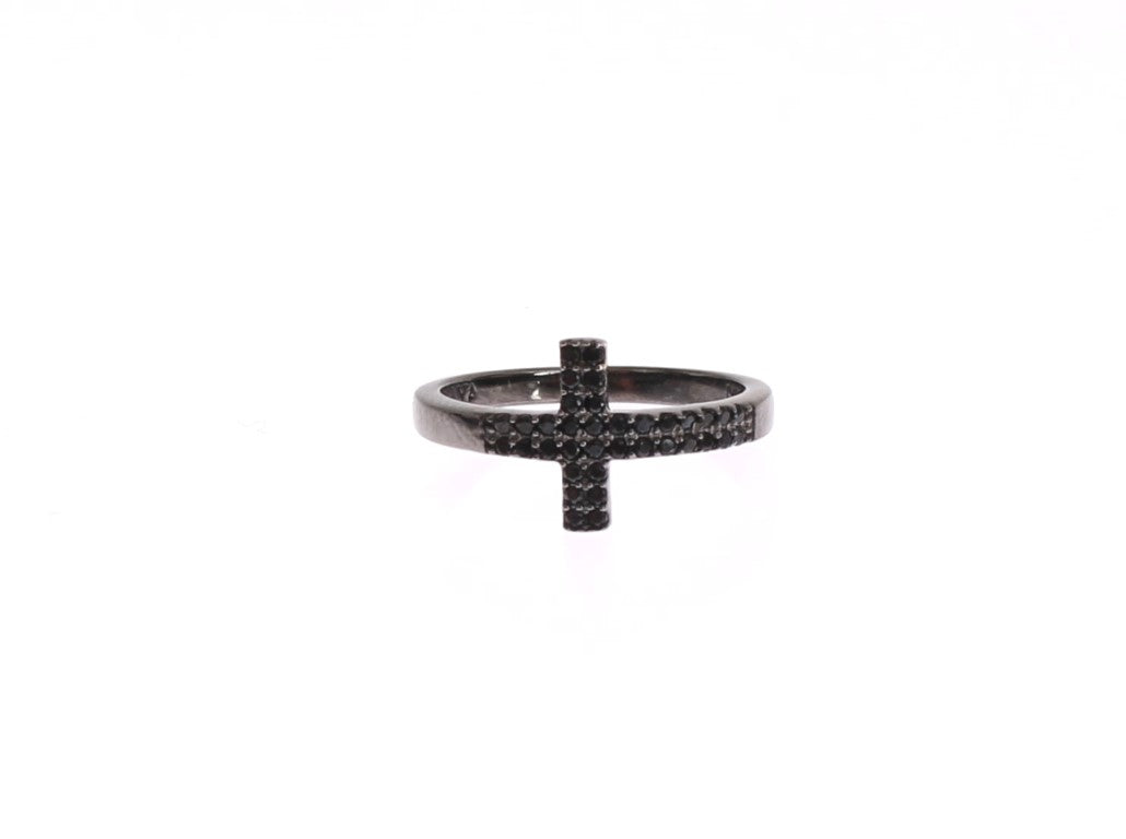Nialaya Schwarzes CZ Kreuz Rhodium 925 Ring