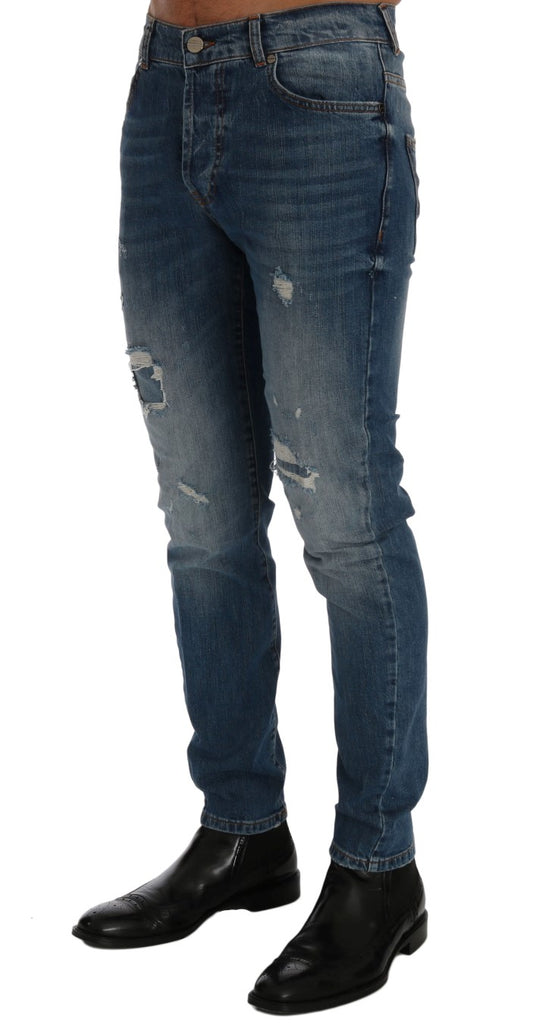 Frankie Morello Blaue Waschung Zerrissene Dunfermile Slim Fit Jeans