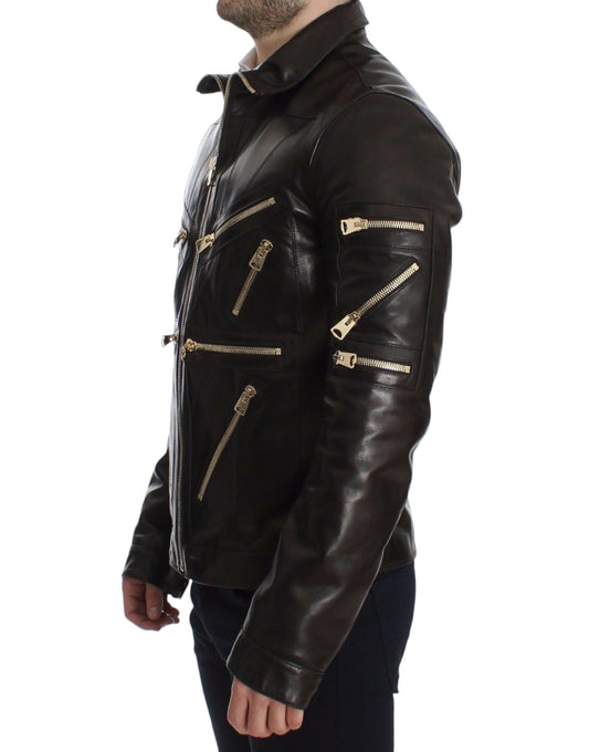 Dolce & Gabbana Braune Lammfell-Lederjacke mit Reißverschluss