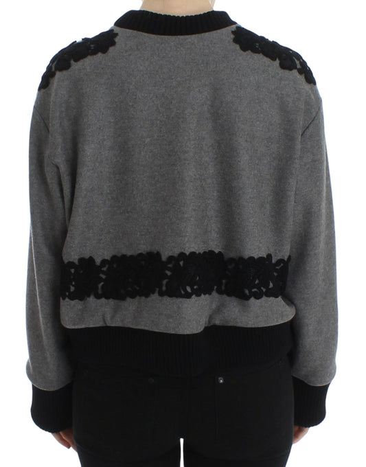 Dolce & Gabbana Grauer schwarzer Spitzenpullover aus Wolle und Kaschmir