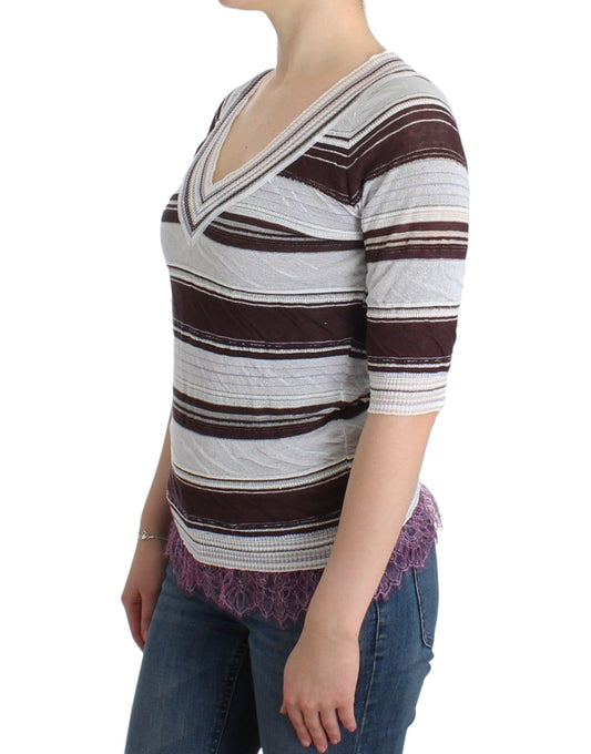 Ermanno Scervino Gestreiftes Spitzen-Top mit V-Ausschnitt und kurzen Ärmeln Pullover