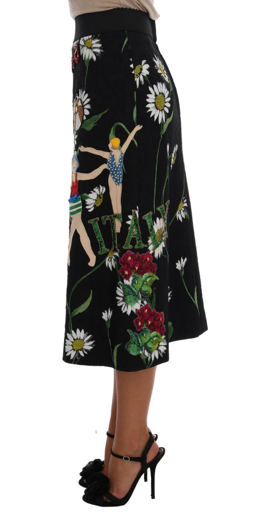 Dolce & Gabbana Schwarzer verzierter Gänseblümchen-Brokat-Rock