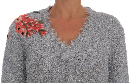 Dolce & Gabbana Silberne Strickjacke mit Blumenapplikation Pullover