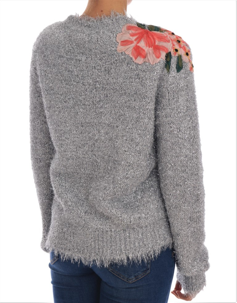 Dolce & Gabbana Silberne Strickjacke mit Blumenapplikation Pullover