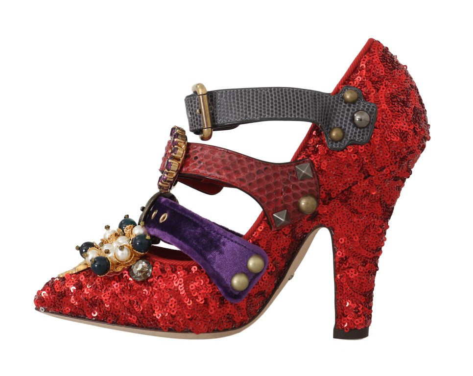 Dolce & Gabbana Rote Pailletten-Kristall-Nieten-Absätze Schuhe
