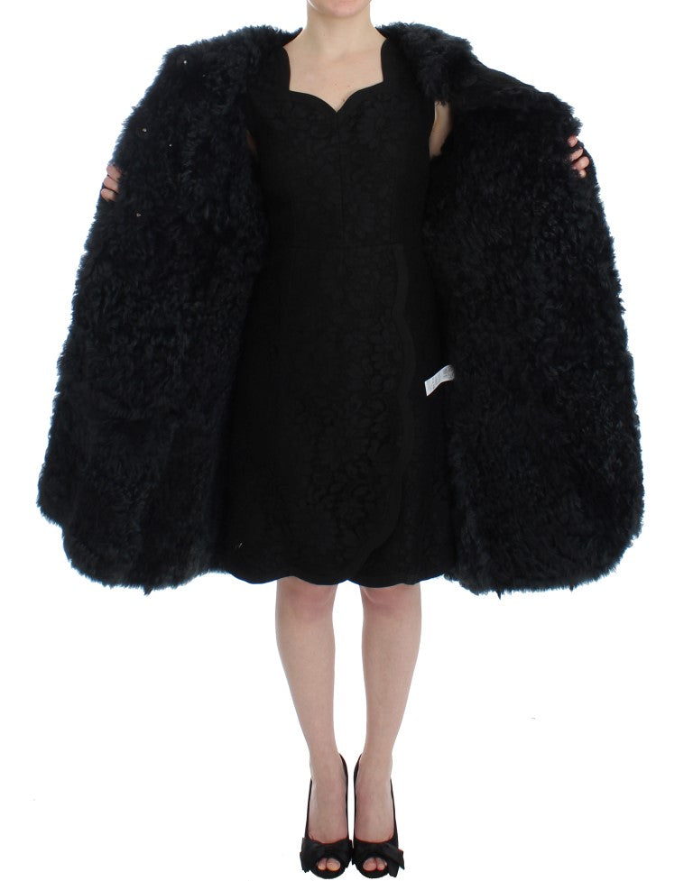 Dolce & Gabbana Schwarzer Ziegenpelz Shearling Lange Jacke Mantel