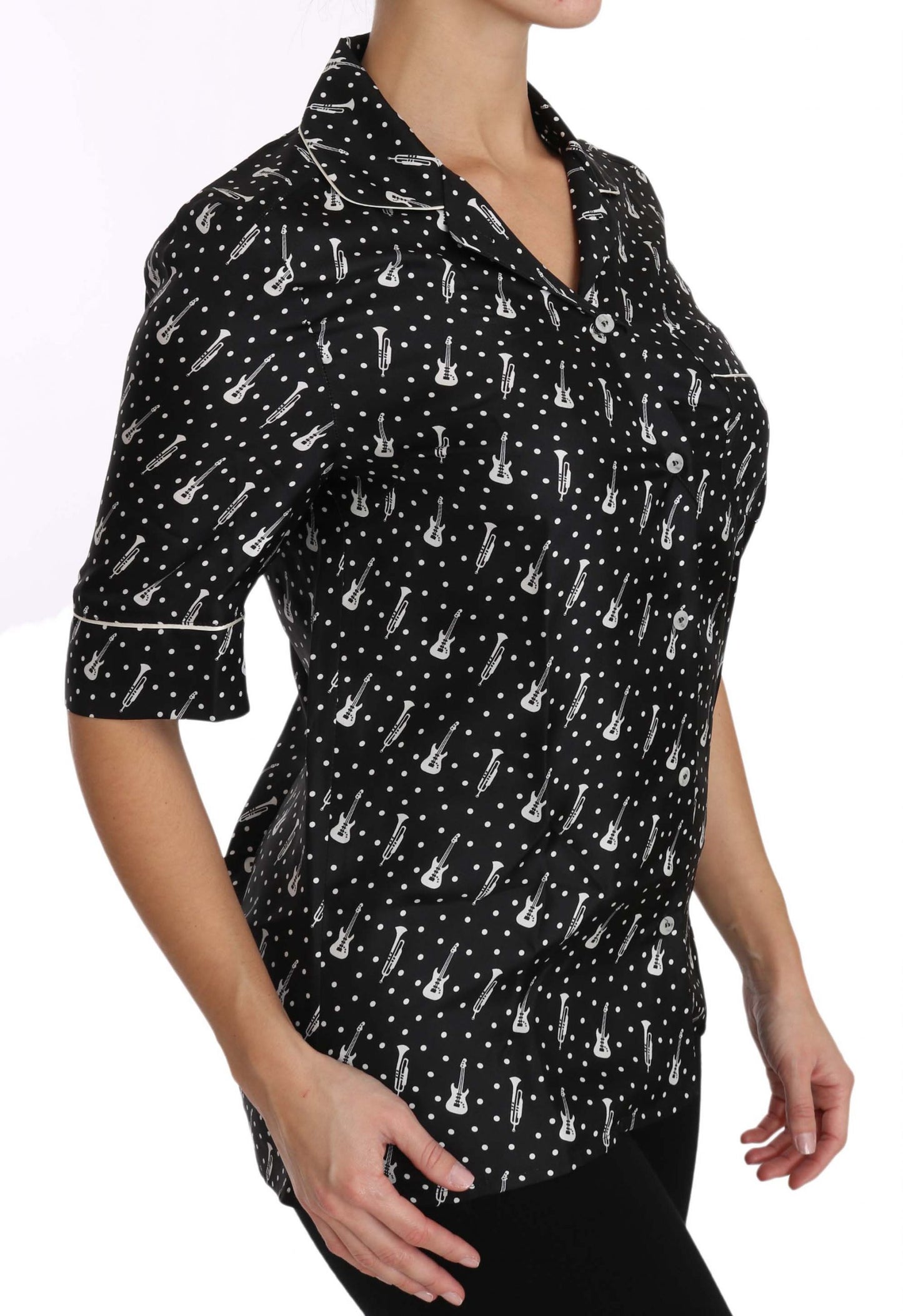 Dolce & Gabbana Schwarzes Seidenhemd mit Gitarren-Trompetendruck