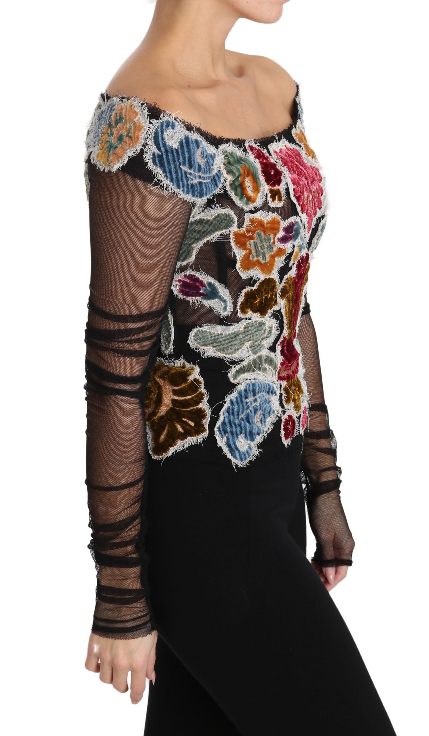 Dolce & Gabbana Schwarzes geblümtes Ricamo-Top T-Shirt Bluse