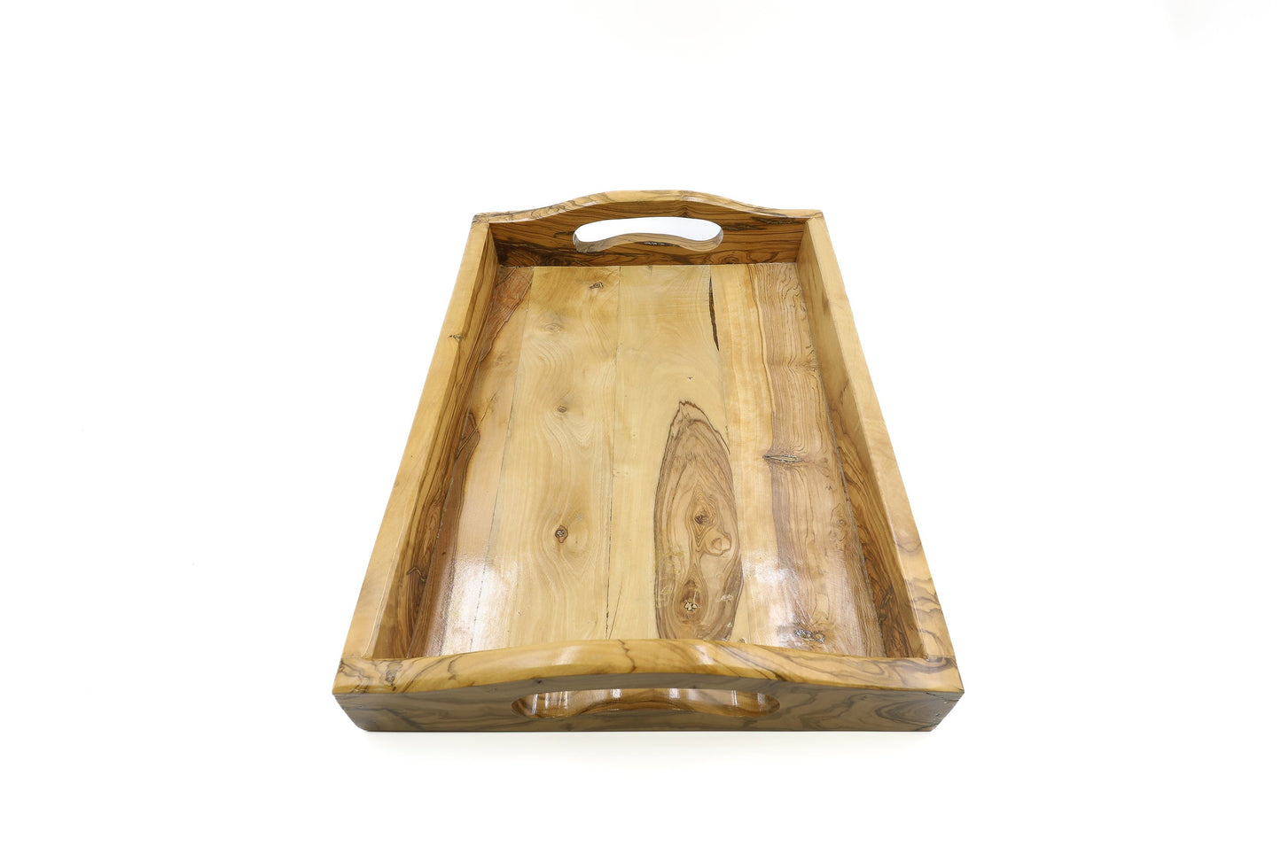 Rectangular olive wood serving tray with handles
