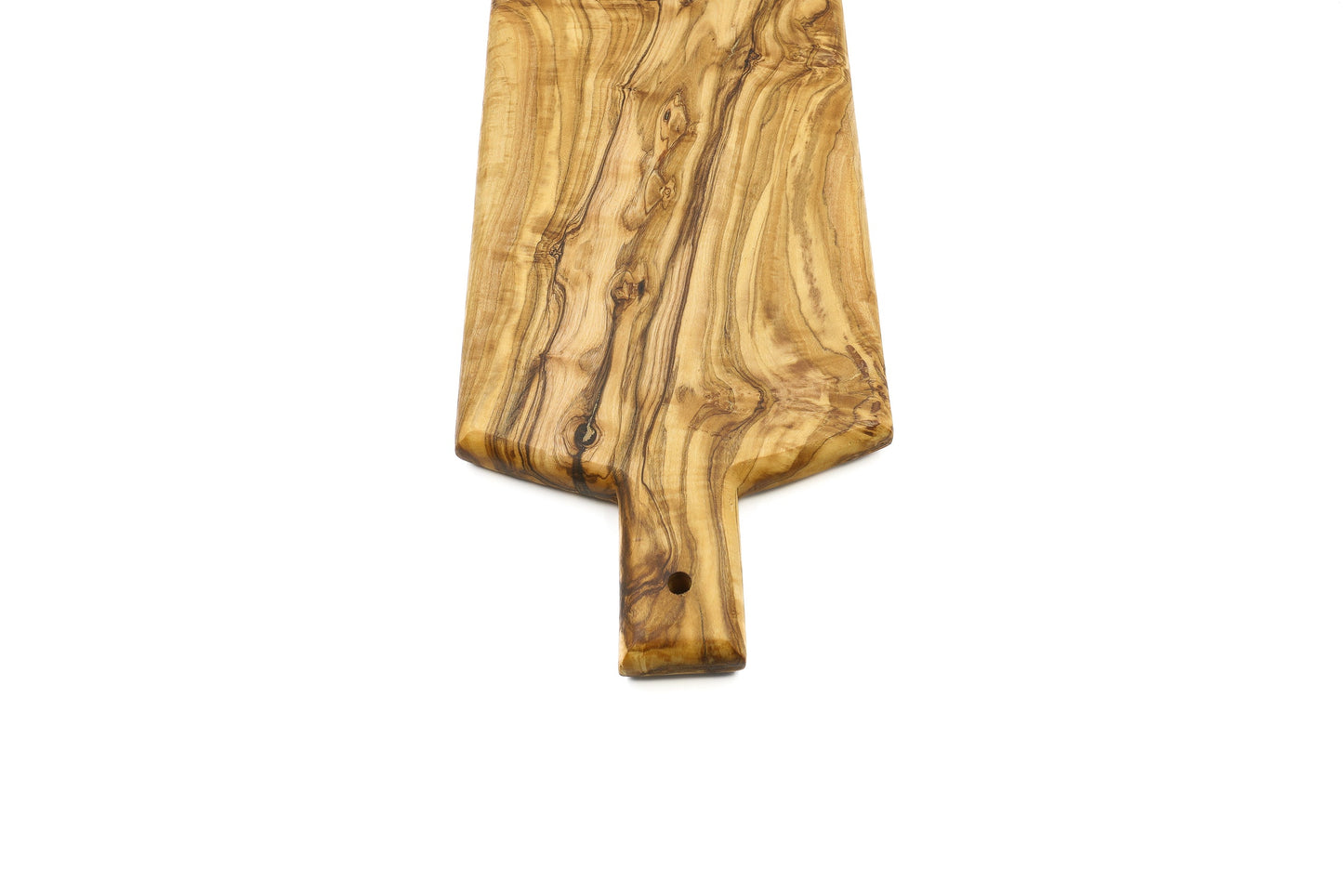 Shield-shaped olive wood serving board with handle
