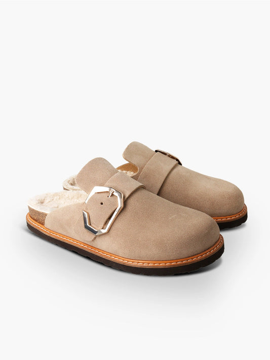 Leder-Clog Grisel mit Schafwollfutter Velour Taupe