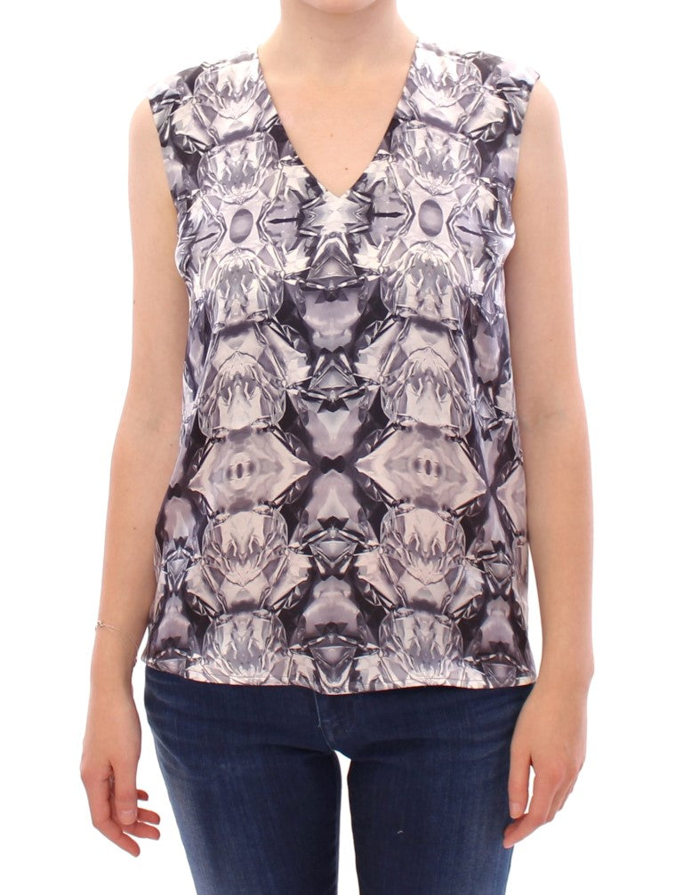 Arzu Kaprol Grau Blau Seide Ärmelloses Top Shirt Bluse