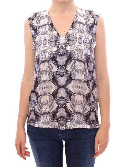 Arzu Kaprol Grau Blau Seide Ärmelloses Top Shirt Bluse