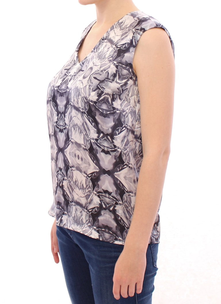Arzu Kaprol Grau Blau Seide Ärmelloses Top Shirt Bluse