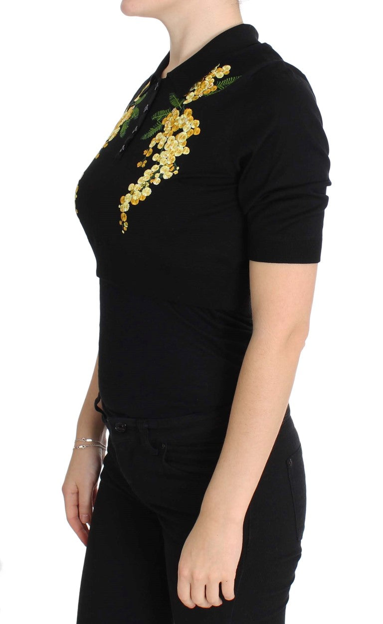 Dolce & Gabbana Schwarzes Poloshirt mit Blumenstickerei aus Seide