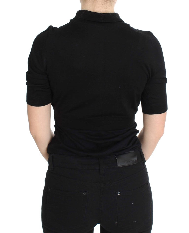 Dolce & Gabbana Schwarzes Poloshirt mit Blumenstickerei aus Seide