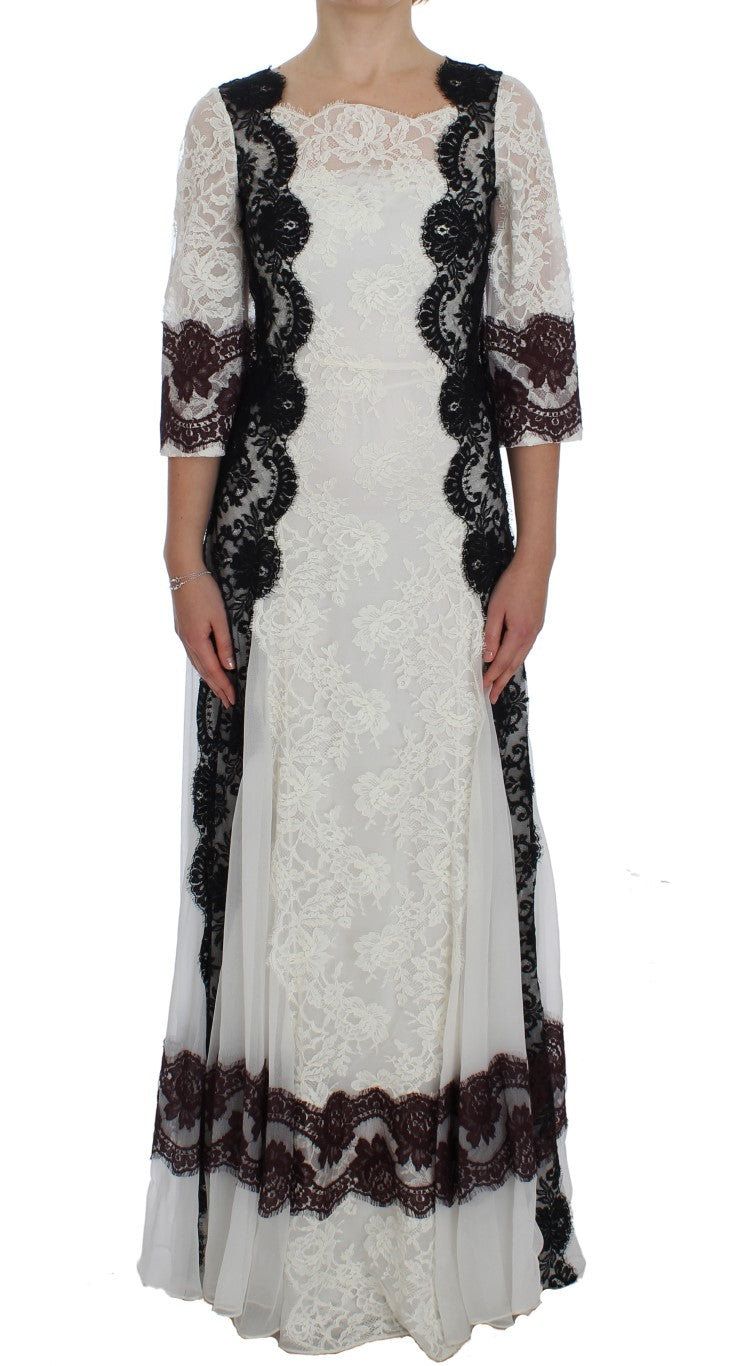 Dolce & Gabbana Weißes geblümtes Spitzenkleid in voller Länge