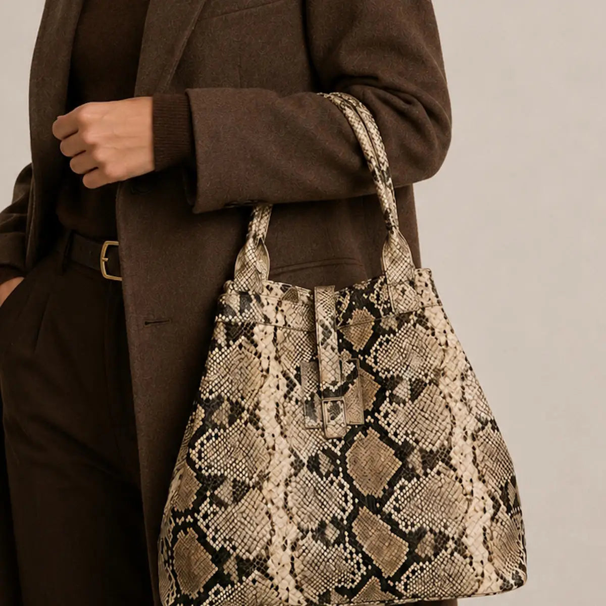 Damen-Shopper aus echtem Leder mit Schlangenprint, mittel