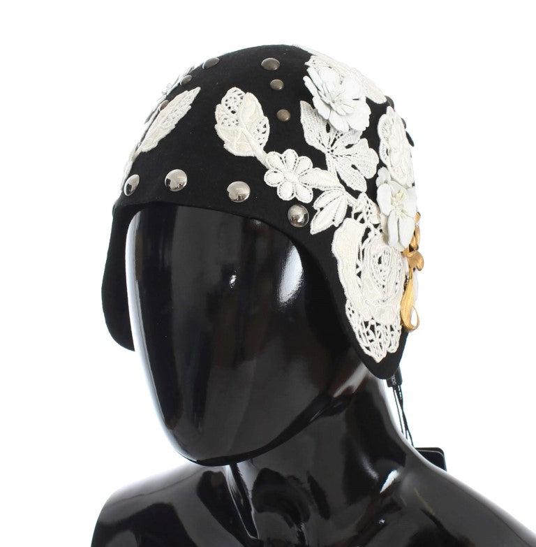 Dolce & Gabbana Schwarz Wolle Weiß Floral Gold Leaf Hut