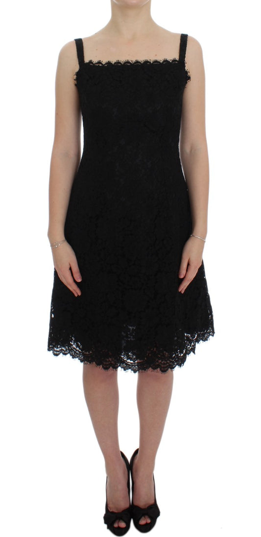 Dolce & Gabbana Schwarzes geblümtes knielanges Spitzen-Shift-Kleid