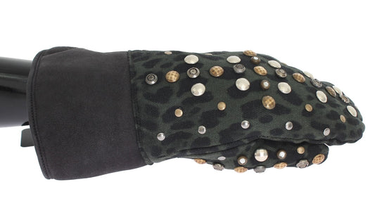 Dolce & Gabbana Graue Woll-Shearling-Handschuhe mit Nieten und grünem Leopardenmuster