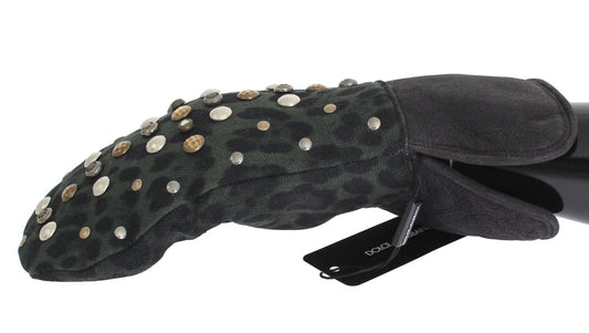 Dolce & Gabbana Graue Woll-Shearling-Handschuhe mit Nieten und grünem Leopardenmuster