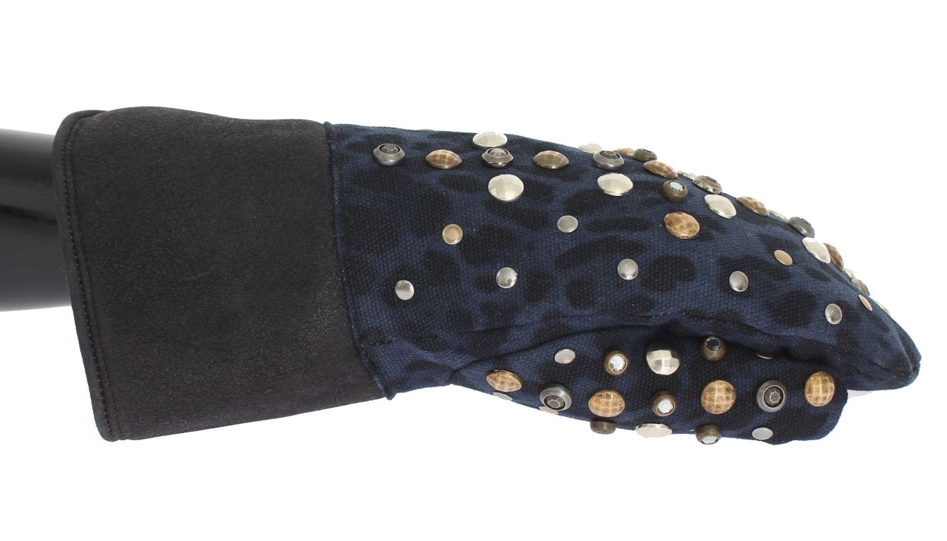 Dolce & Gabbana Graue Woll-Shearling-Handschuhe mit Nieten und blauem Leopardenmuster