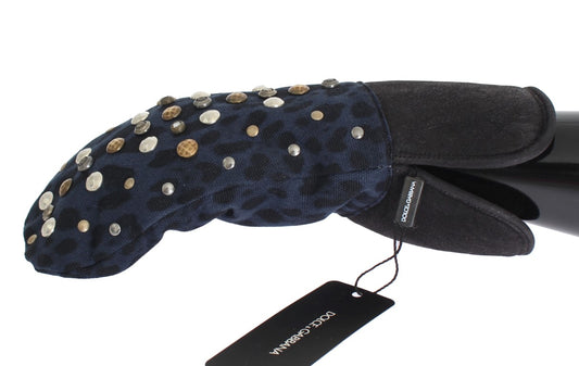 Dolce & Gabbana Graue Woll-Shearling-Handschuhe mit Nieten und blauem Leopardenmuster