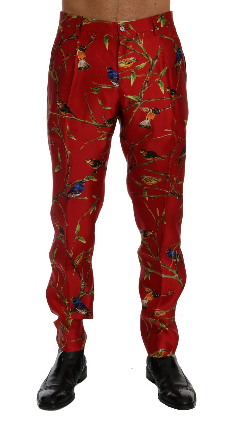 Dolce & Gabbana Rotes Seidenkleid mit Vogeldruck Hose