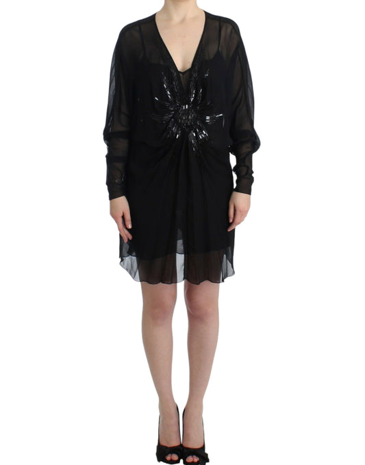 Cavalli Schwarzes langärmeliges Seidenkleid