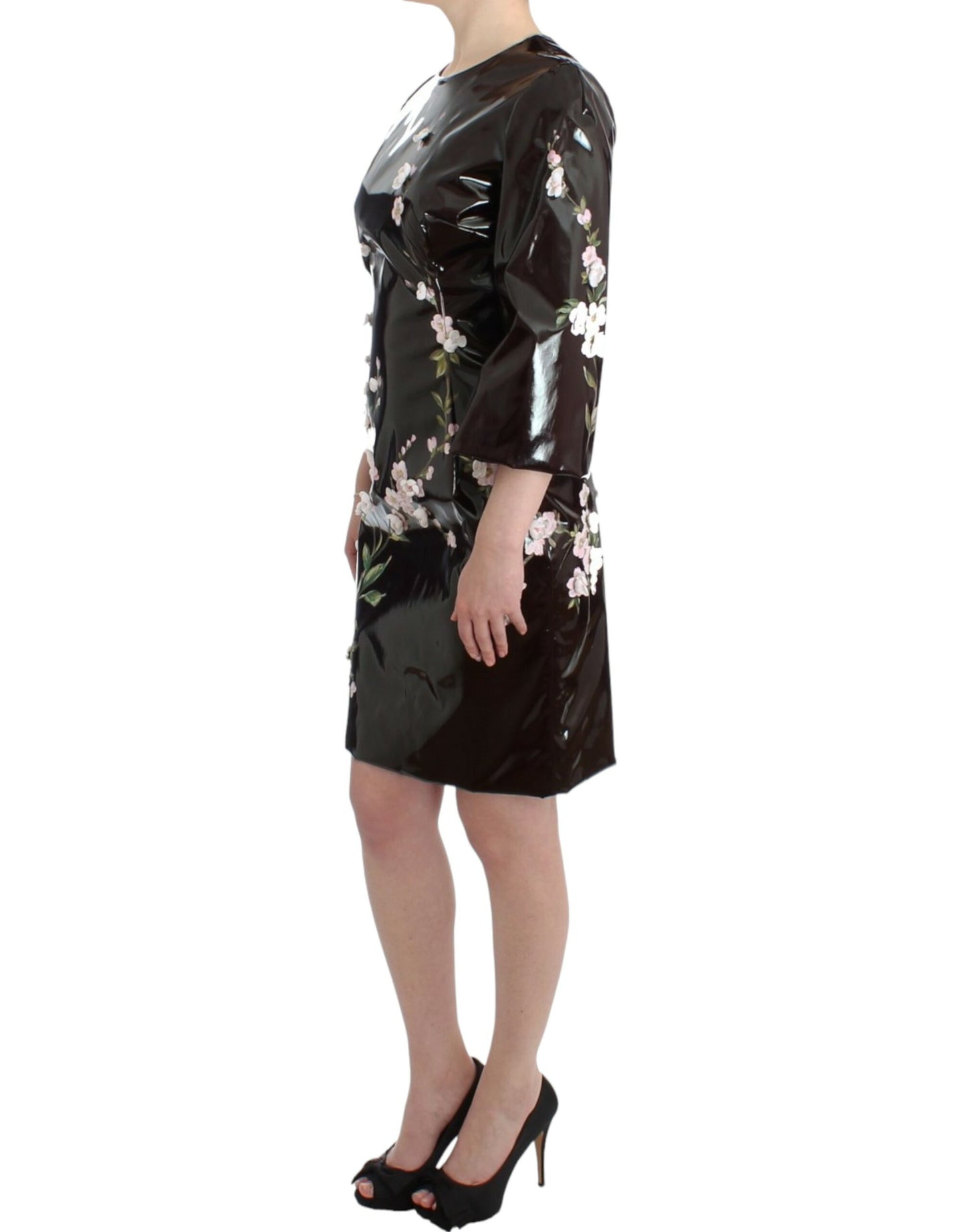 Dolce & Gabbana Schwarzes Lackkleid mit Blumen HANDPAINTED