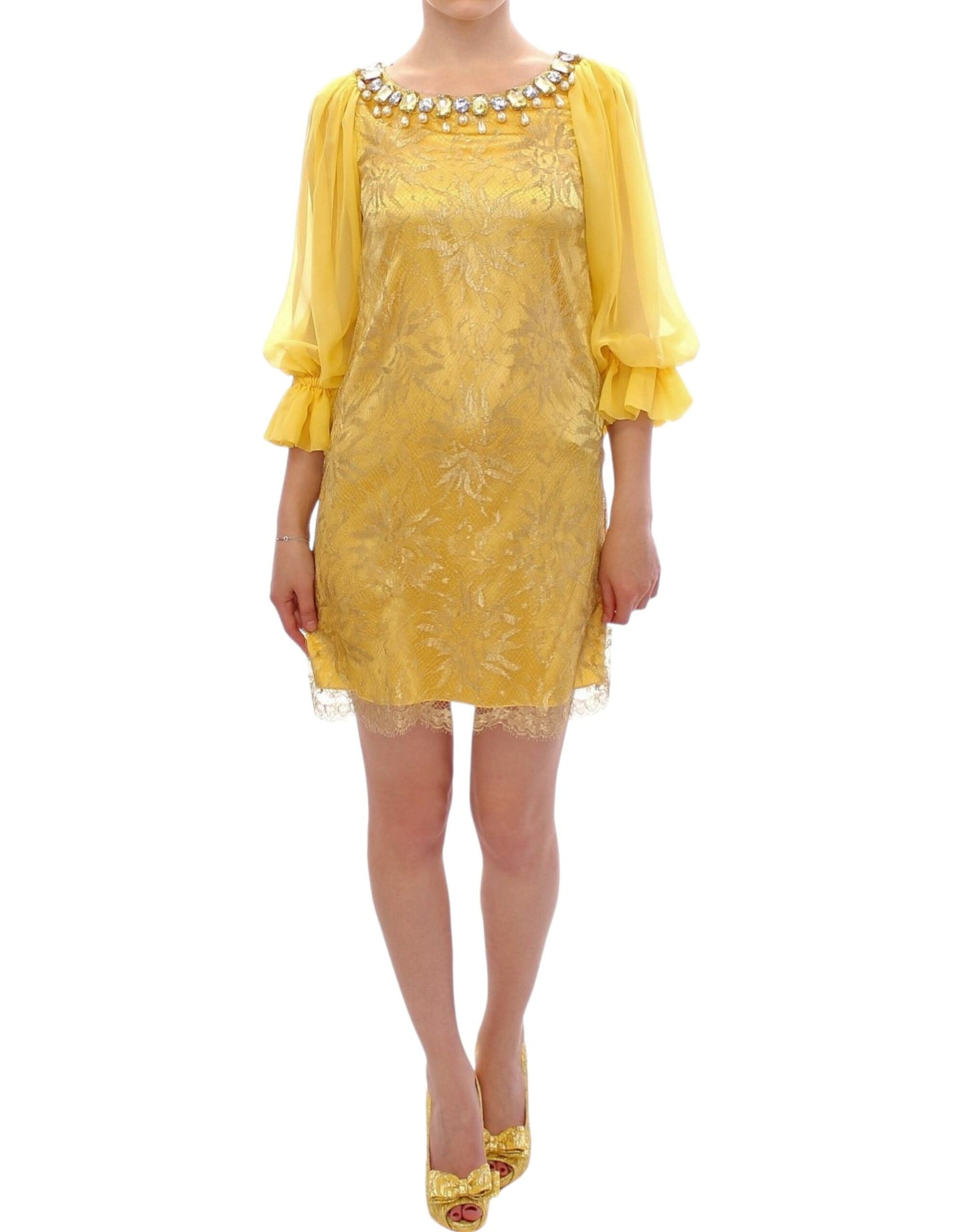 Dolce & Gabbana Gelbes Spitzen-Kristall-Minikleid