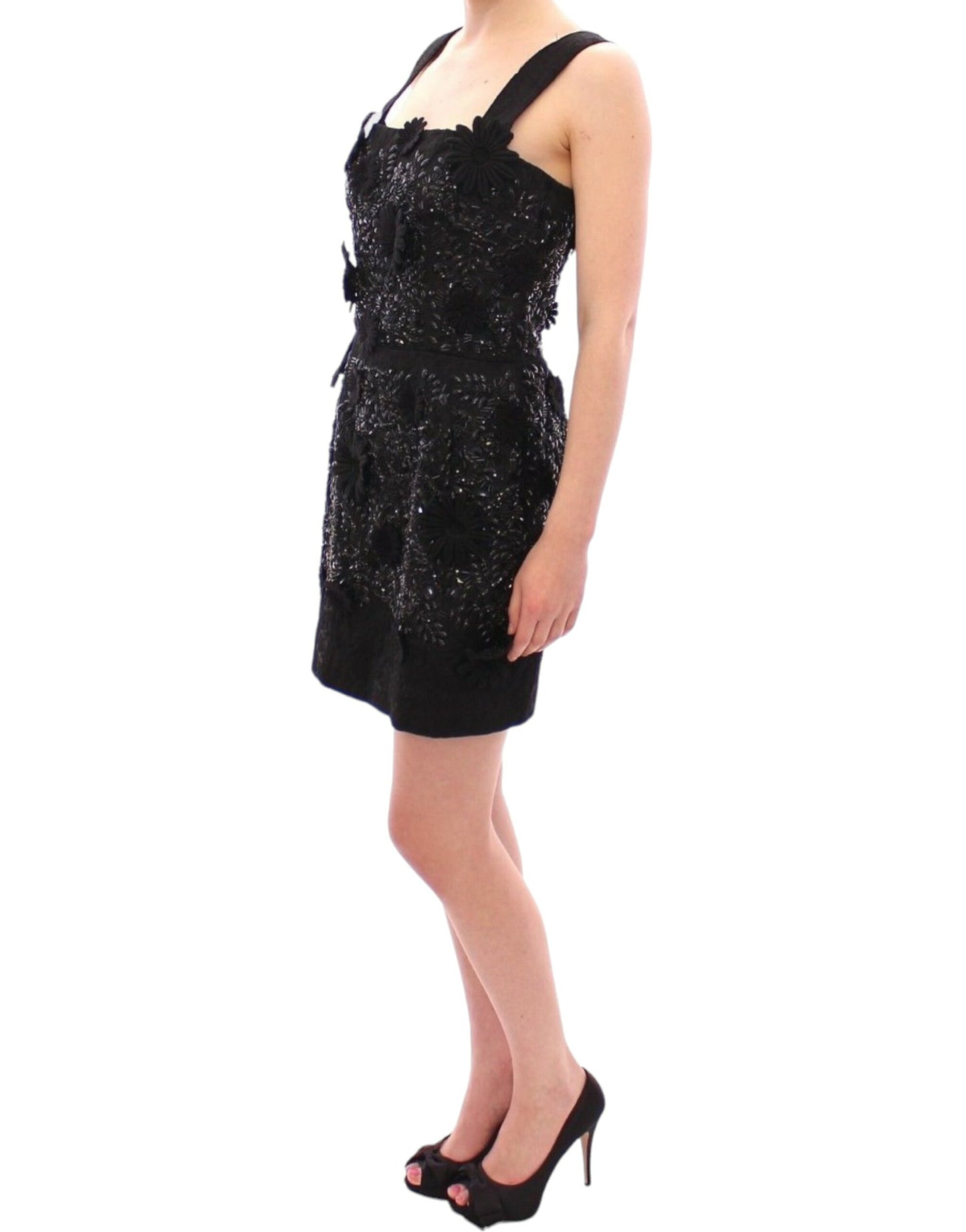 Dolce & Gabbana Schwarzes geblümtes, kristallbesetztes Kleid