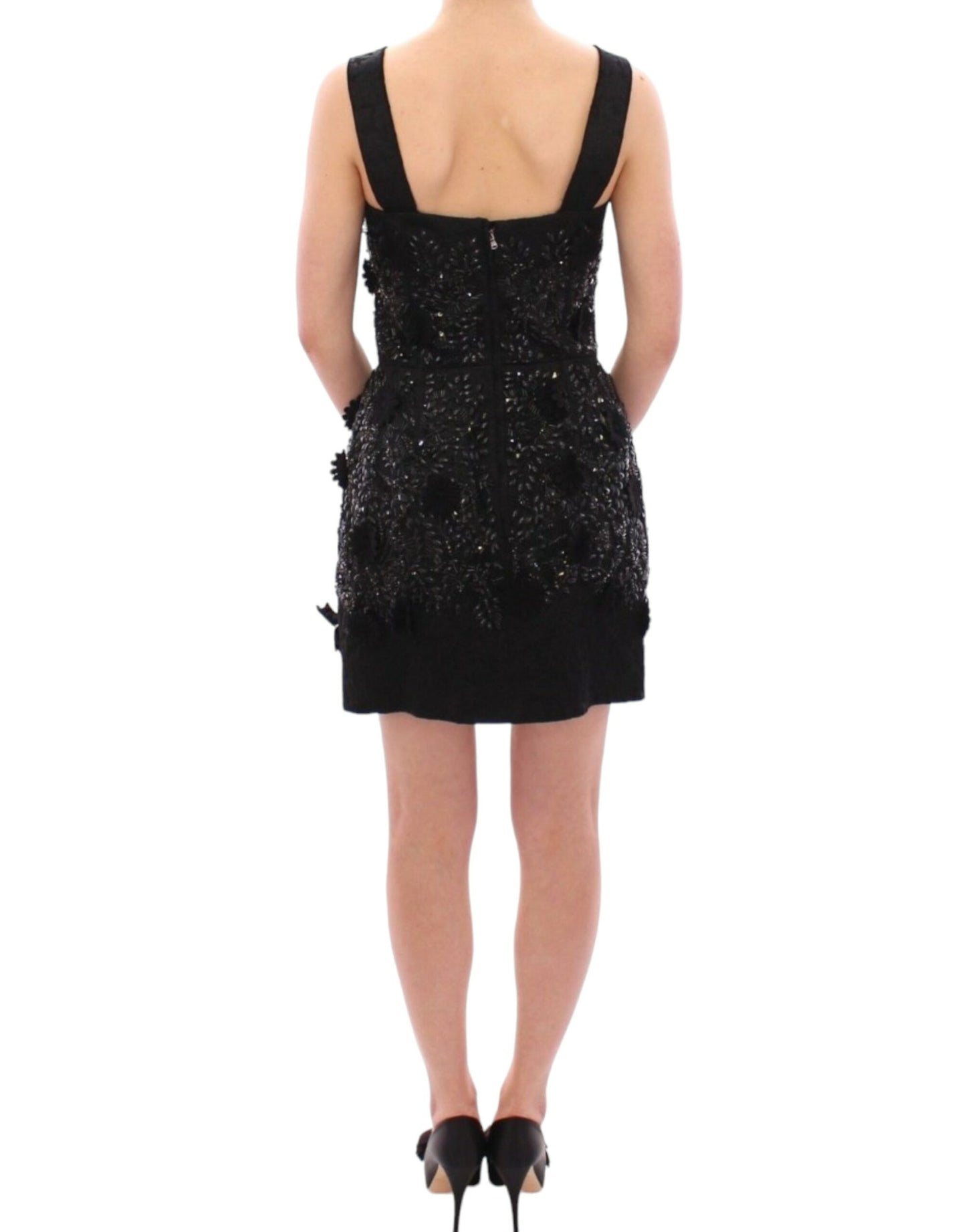 Dolce & Gabbana Schwarzes geblümtes, kristallbesetztes Kleid