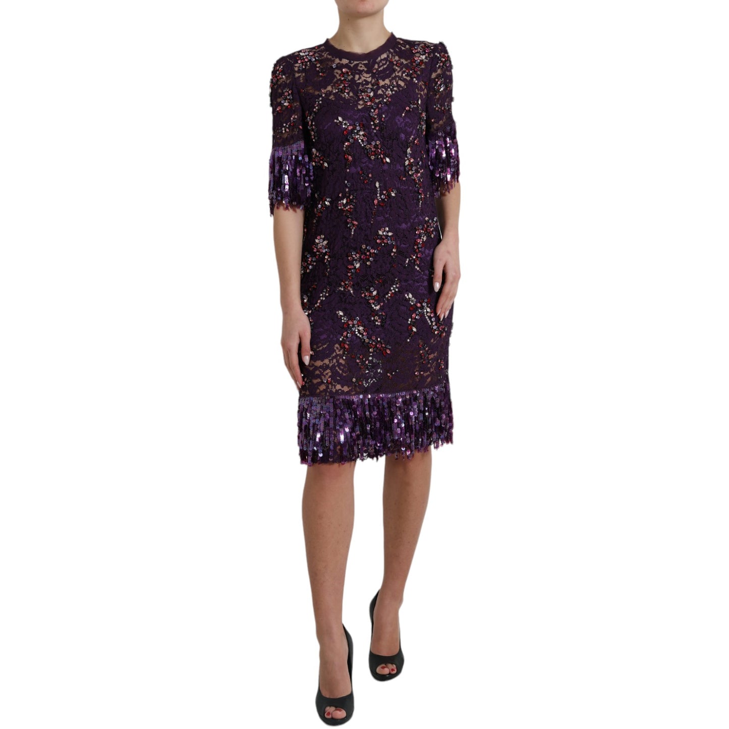 Dolce & Gabbana Lila florale Spitze Kristall eingebettet Kleid