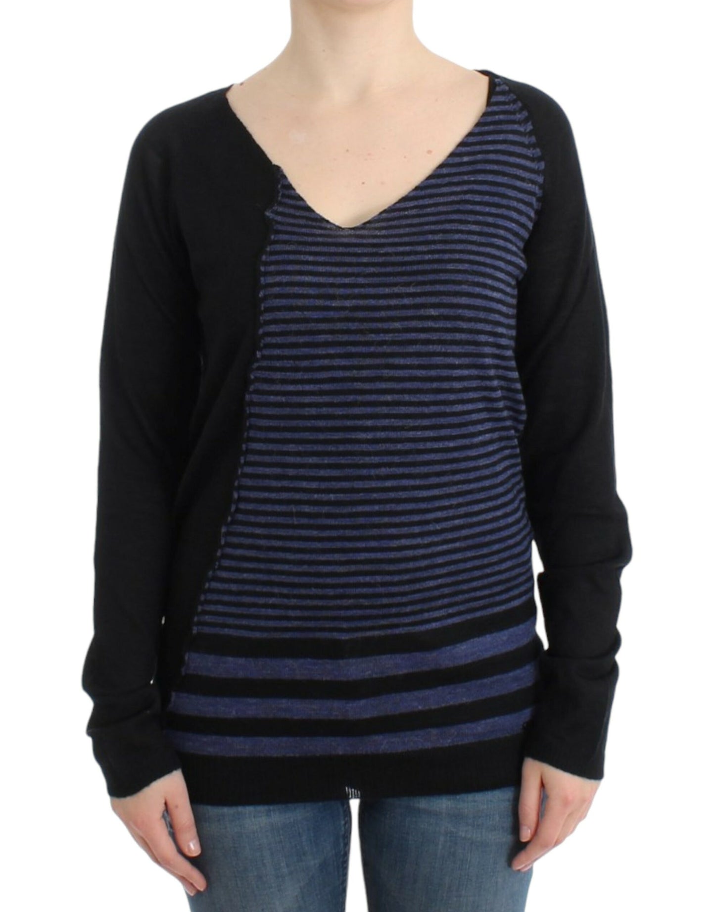 Costume National Schwarzer gestreifter Pullover mit V-Ausschnitt
