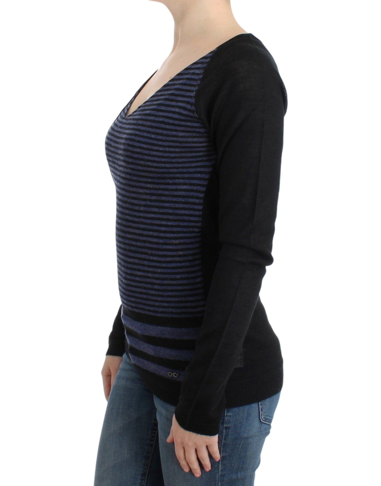 Costume National Schwarzer gestreifter Pullover mit V-Ausschnitt
