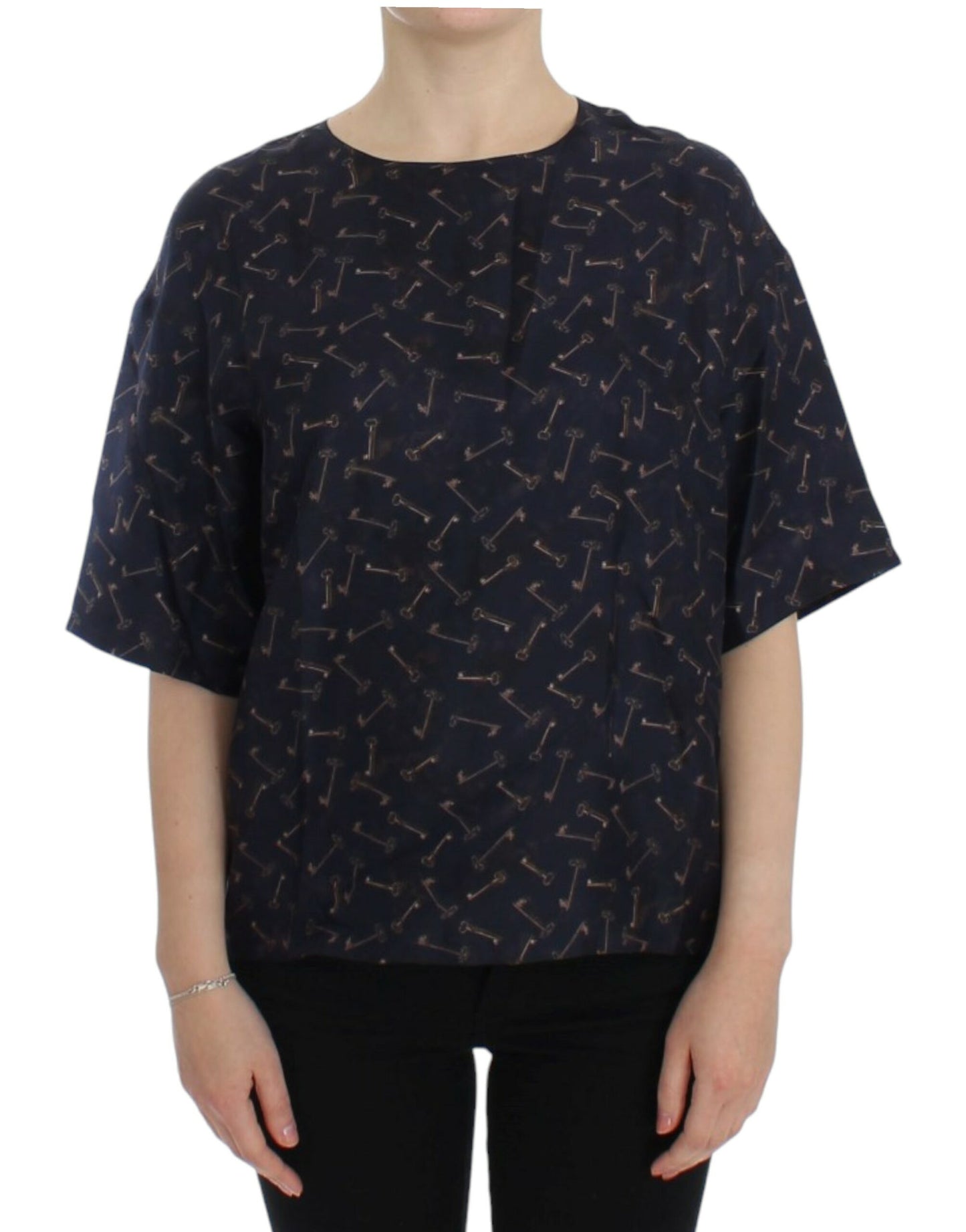 Dolce & Gabbana Blau-goldene Seidenbluse mit Schlüsseldruck