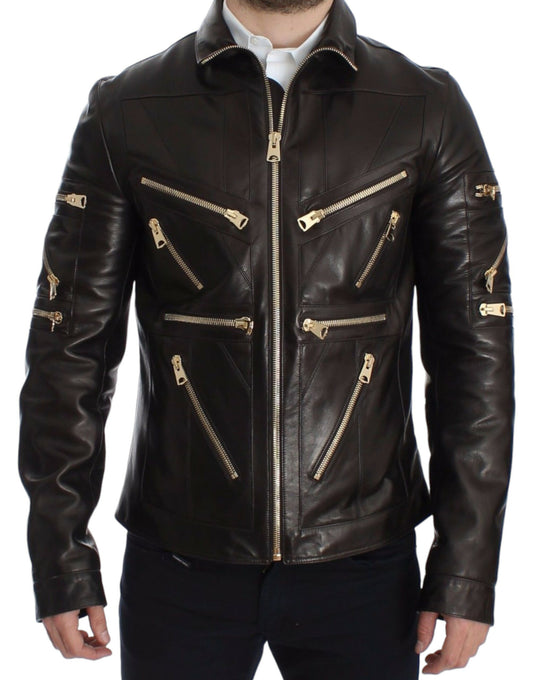 Dolce & Gabbana Braune Lammfell-Lederjacke mit Reißverschluss