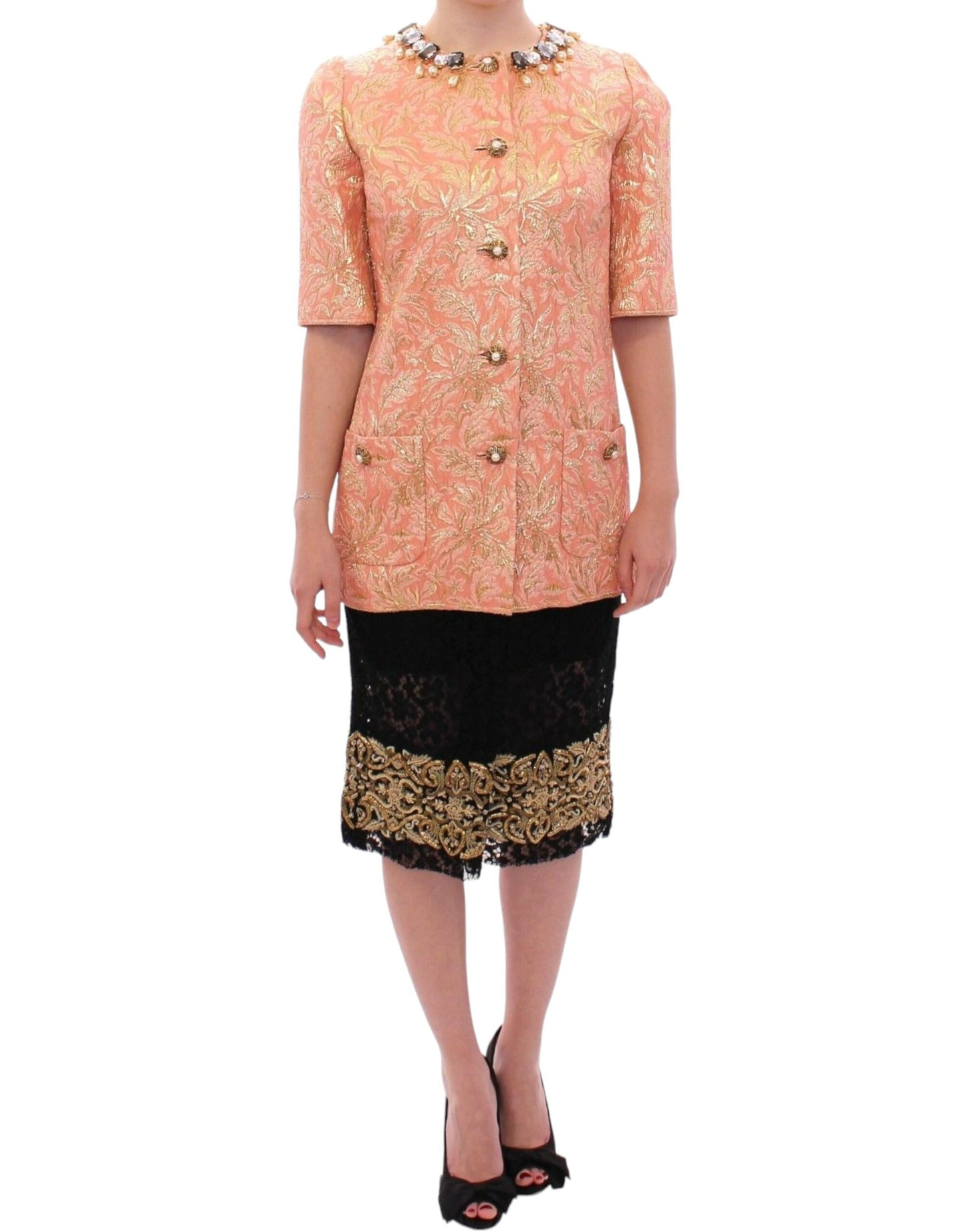 Dolce & Gabbana Rosa Seidenbrokat-Kristall-Jacke Mantel