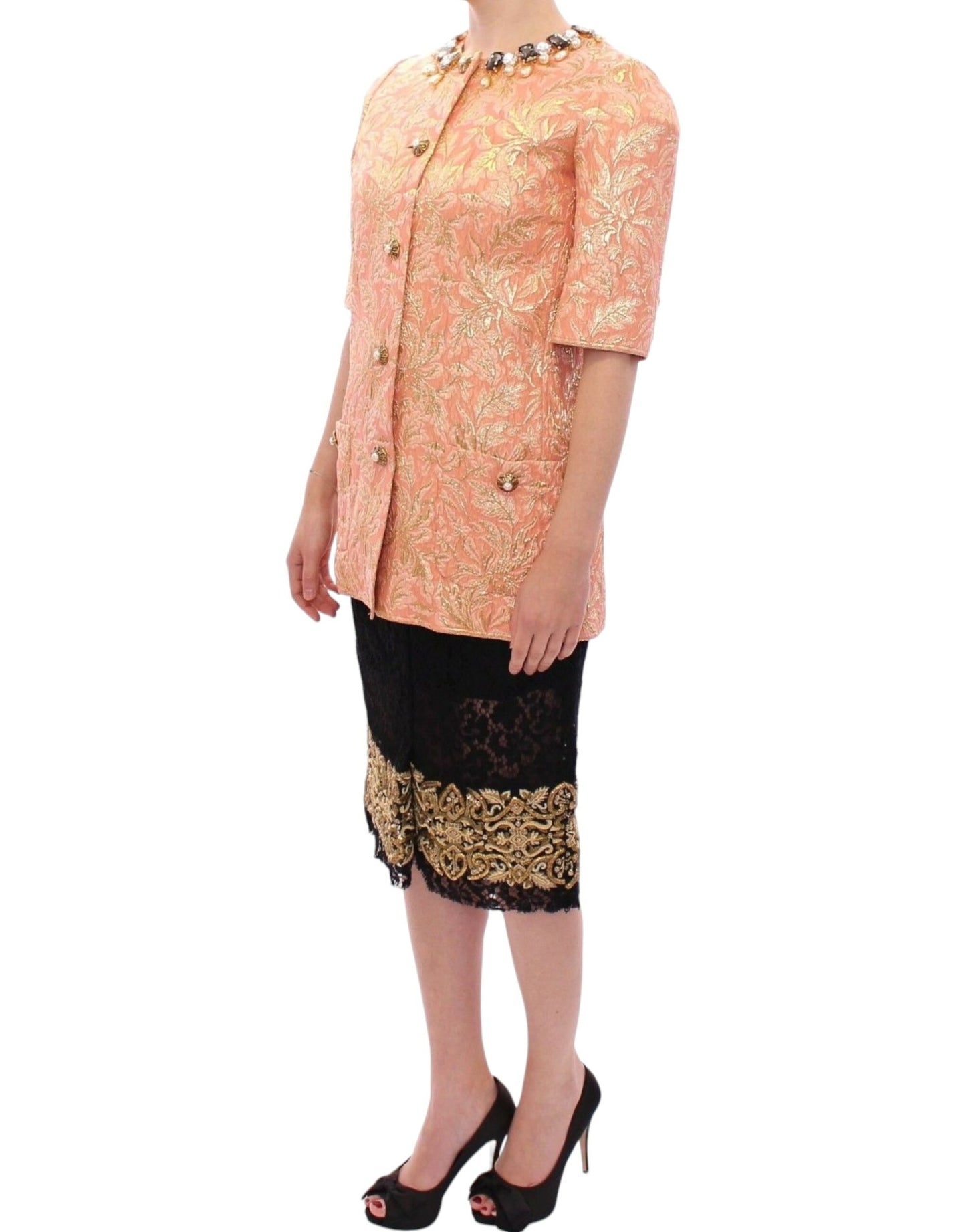 Dolce & Gabbana Rosa Seidenbrokat-Kristall-Jacke Mantel