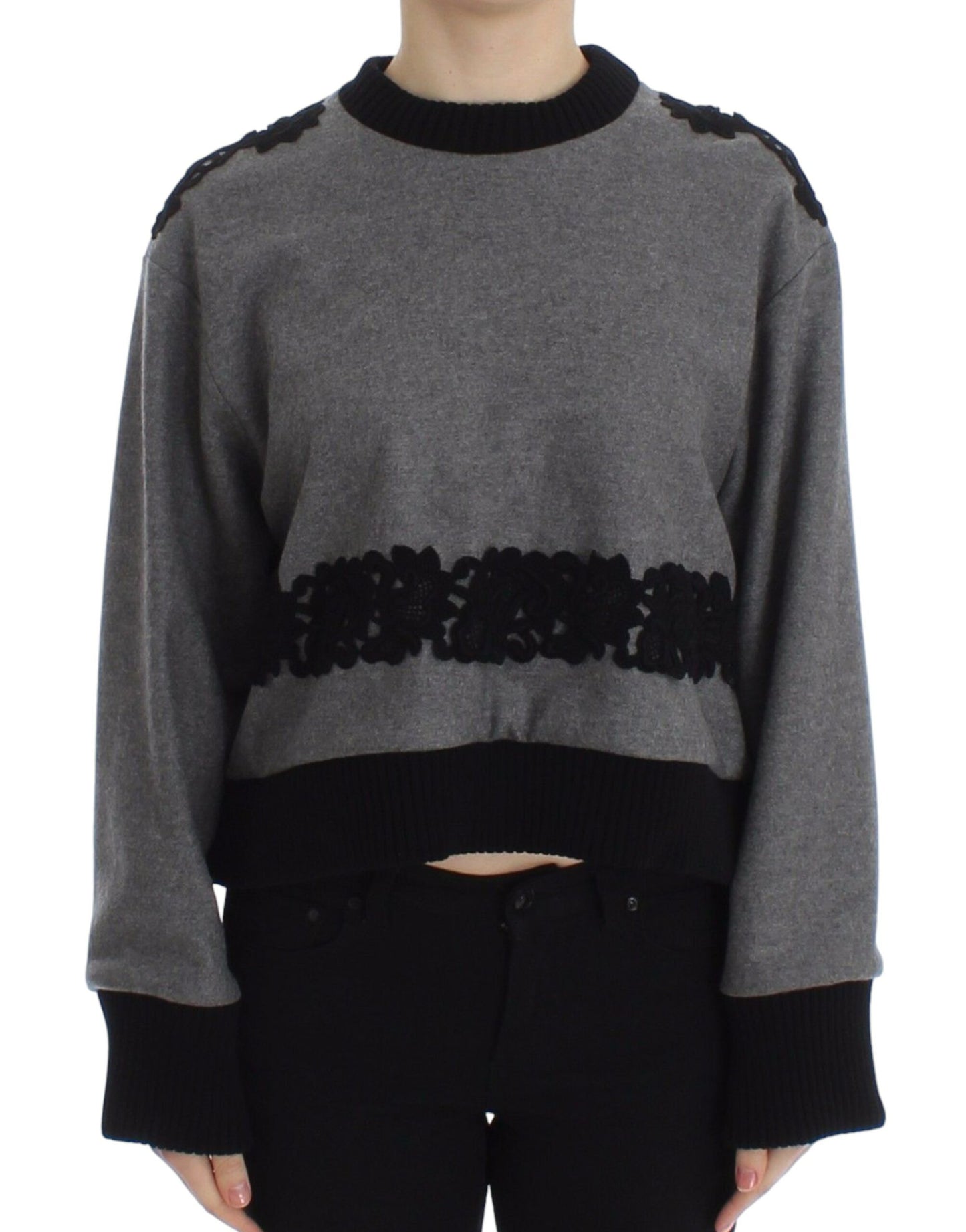 Dolce & Gabbana Grauer schwarzer Spitzenpullover aus Wolle und Kaschmir