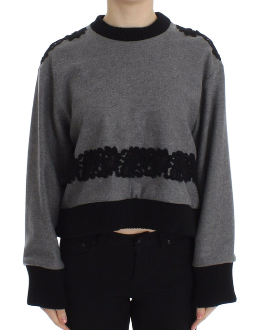 Dolce & Gabbana Grauer schwarzer Spitzenpullover aus Wolle und Kaschmir