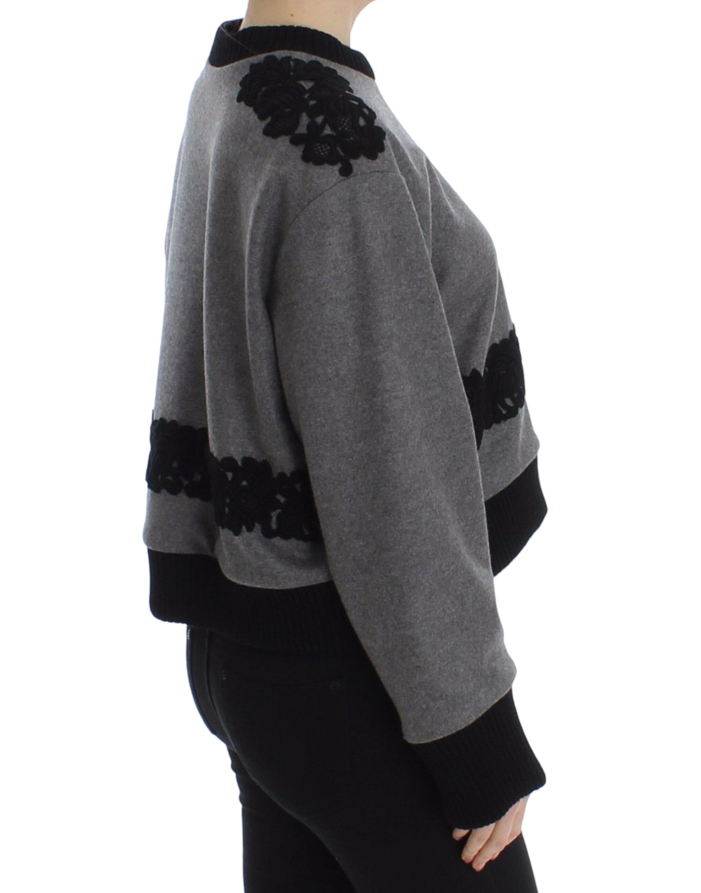 Dolce & Gabbana Grauer schwarzer Spitzenpullover aus Wolle und Kaschmir
