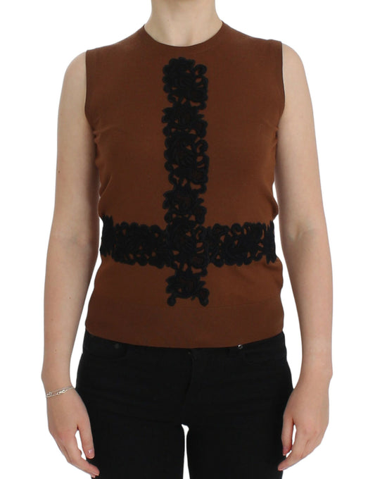 Dolce & Gabbana Braun Wolle Schwarz Spitze Weste Pullover Top
