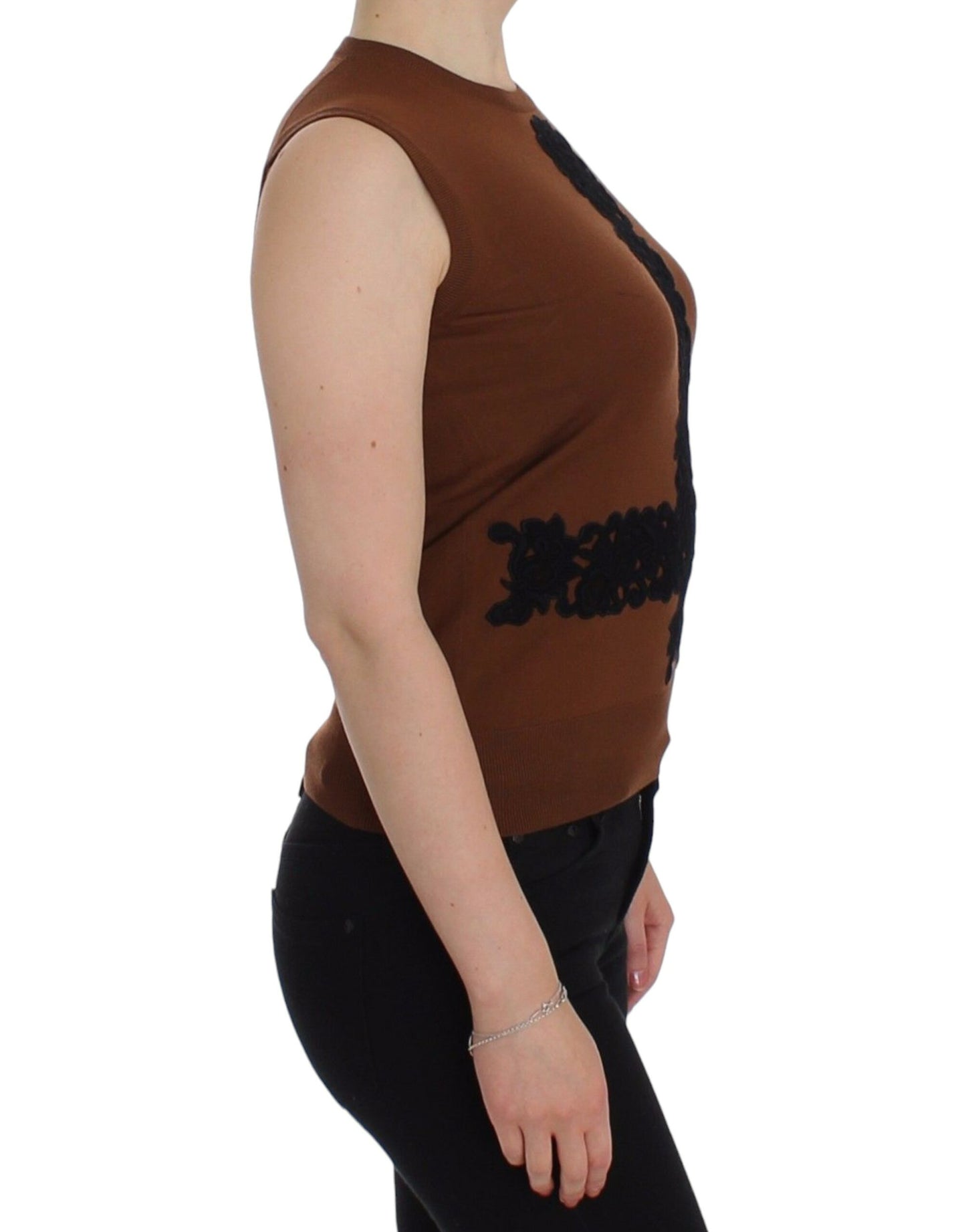 Dolce & Gabbana Braun Wolle Schwarz Spitze Weste Pullover Top