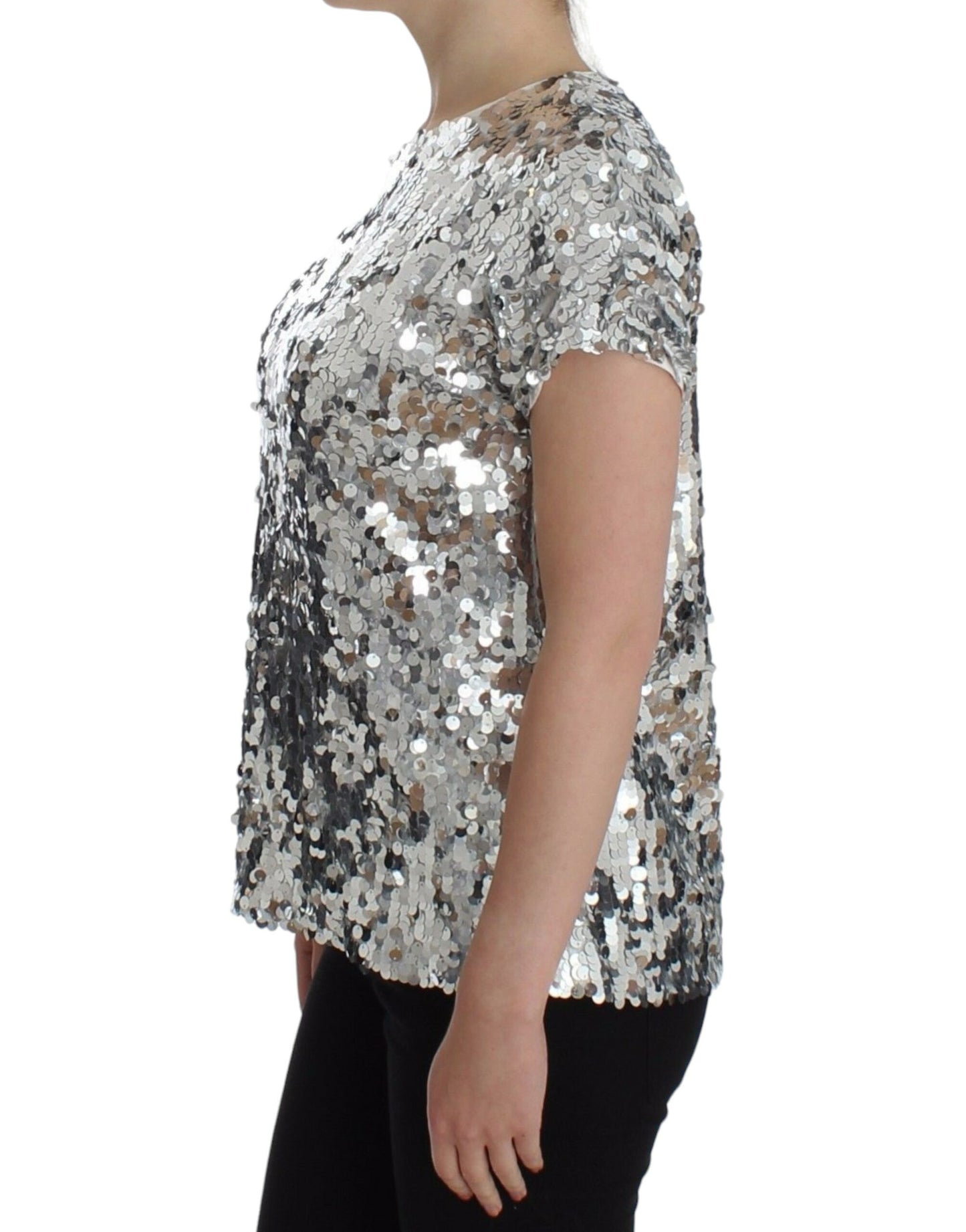 Dolce & Gabbana Silberne paillettenbesetzte Bluse mit Rundhalsausschnitt T-shirt Top