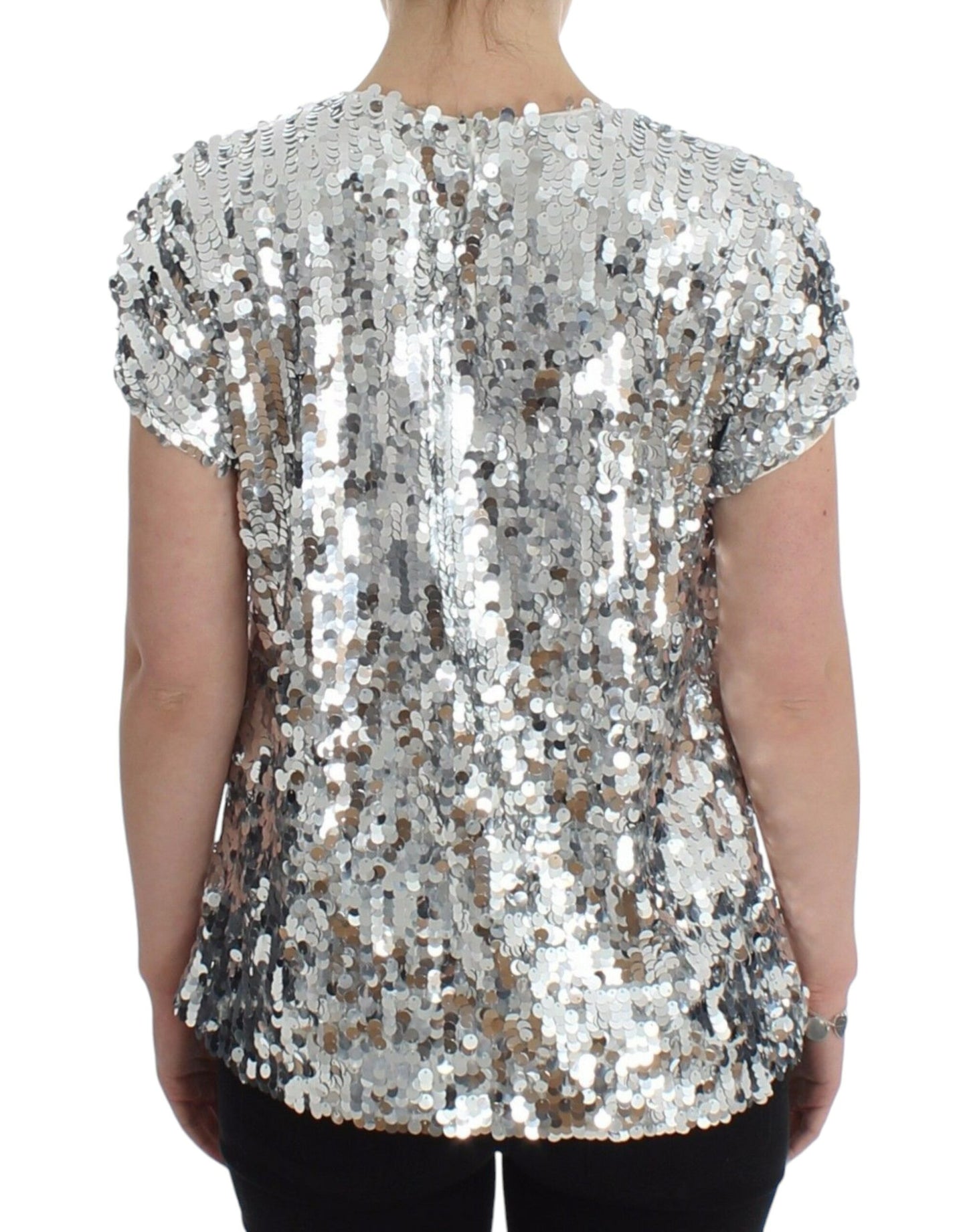 Dolce & Gabbana Silberne paillettenbesetzte Bluse mit Rundhalsausschnitt T-shirt Top