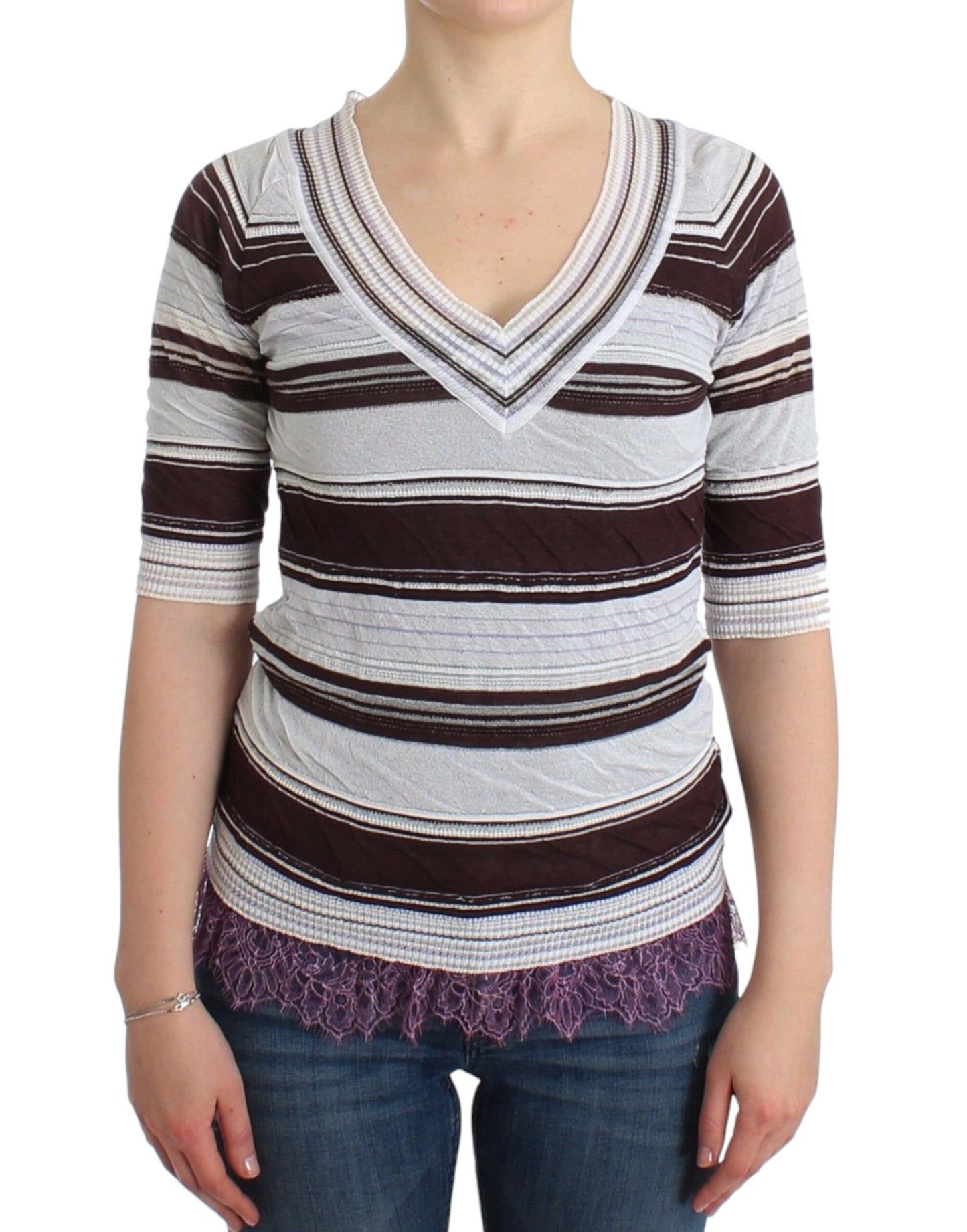 Ermanno Scervino Gestreiftes Spitzen-Top mit V-Ausschnitt und kurzen Ärmeln Pullover