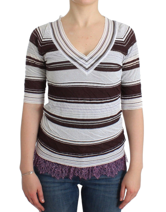 Ermanno Scervino Gestreiftes Spitzen-Top mit V-Ausschnitt und kurzen Ärmeln Pullover
